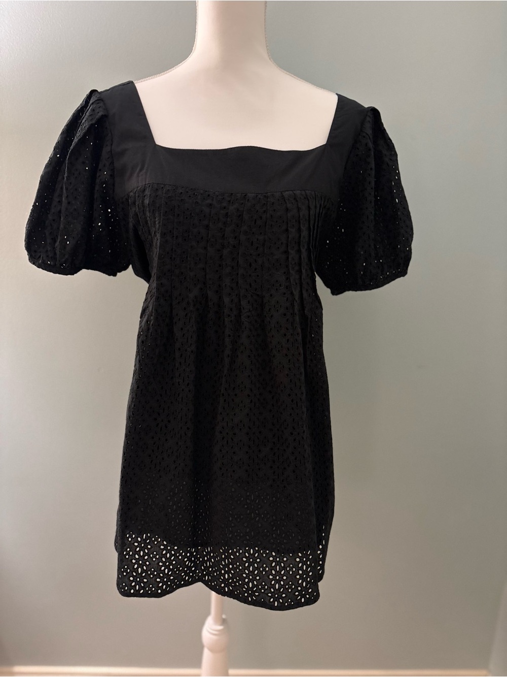 Shabby Anand Black Eyelet Square-Neck Puff Sleeve Mini Dress